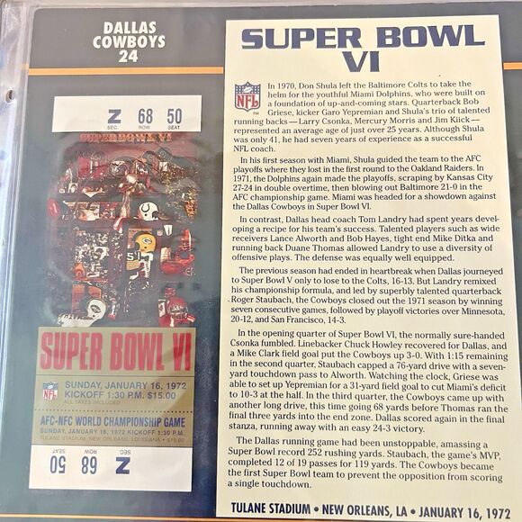 SUPER BOWL VI Cowboys v Dolphins Willabee & Ward Super Bowl 6 TICKET STUB Gold - Picture 2 of 9